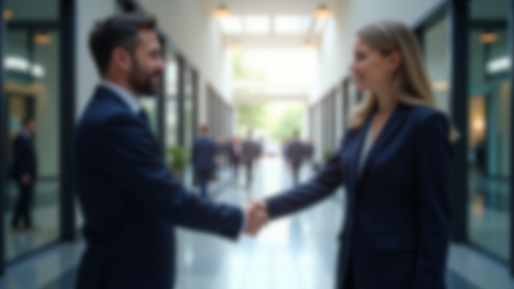 Business colleagues in professional attire smiling during handshake in bright modern office lobby