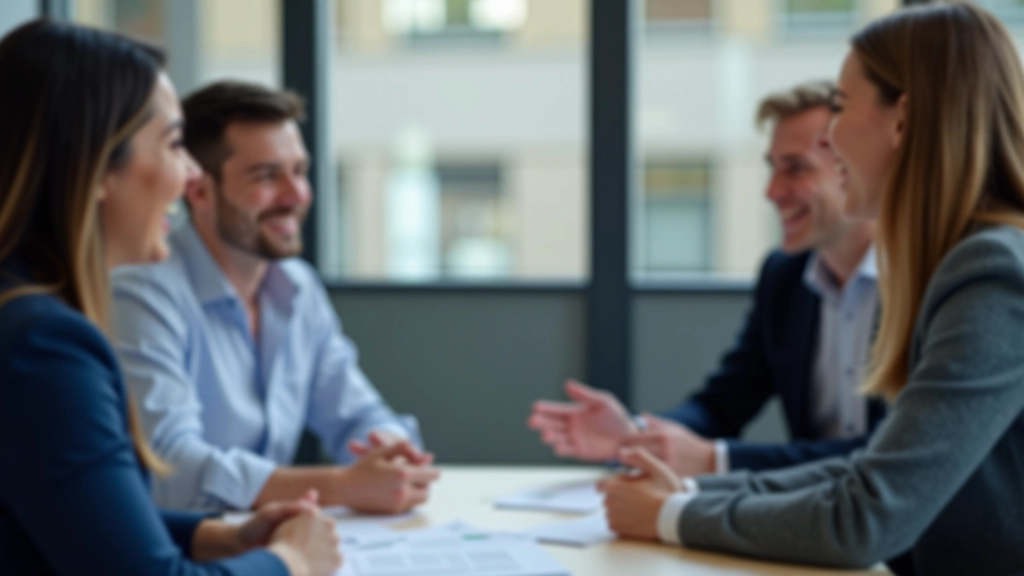 Professional business team laughing together during a meeting, showing genuine interaction and warmth, office environment with collaborative energy