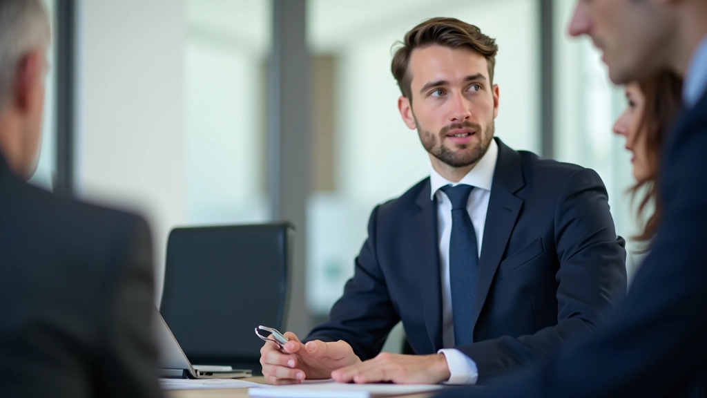 Business professional listening carefully during meeting discussion, taking notes attentively