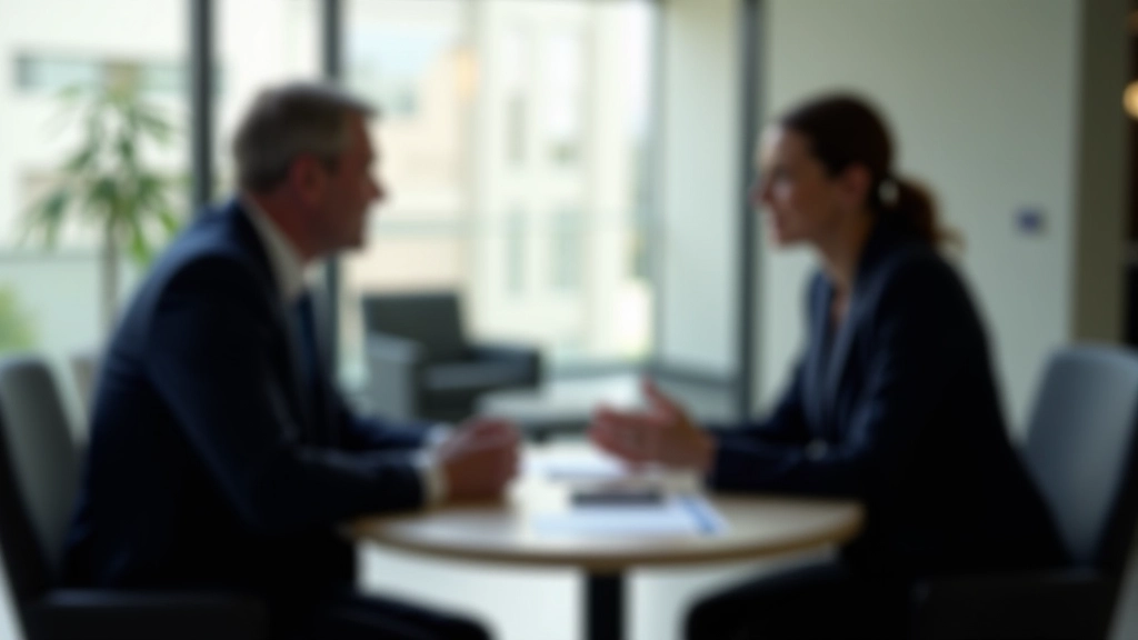Two people having a focused discussion at a round table with notebooks and pen, professional office setting with natural light