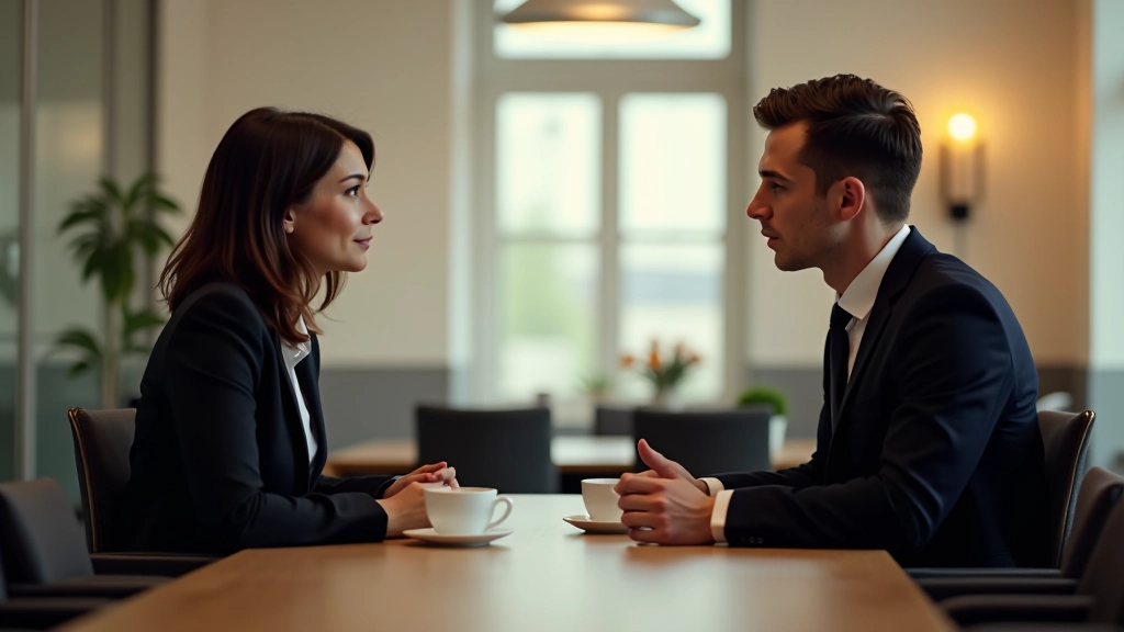 Two business professionals in casual conversation at a table with coffee cups, relaxed body language, modern Irish office setting with warm natural light