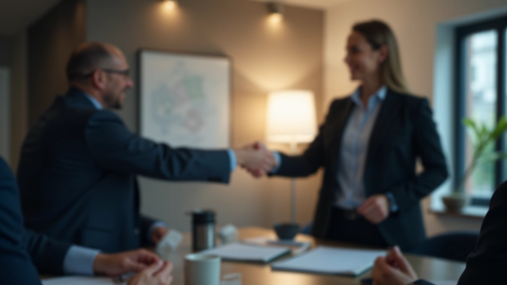 Business professional shaking hands with colleague in professional office setting, gesture of agreement and mutual respect