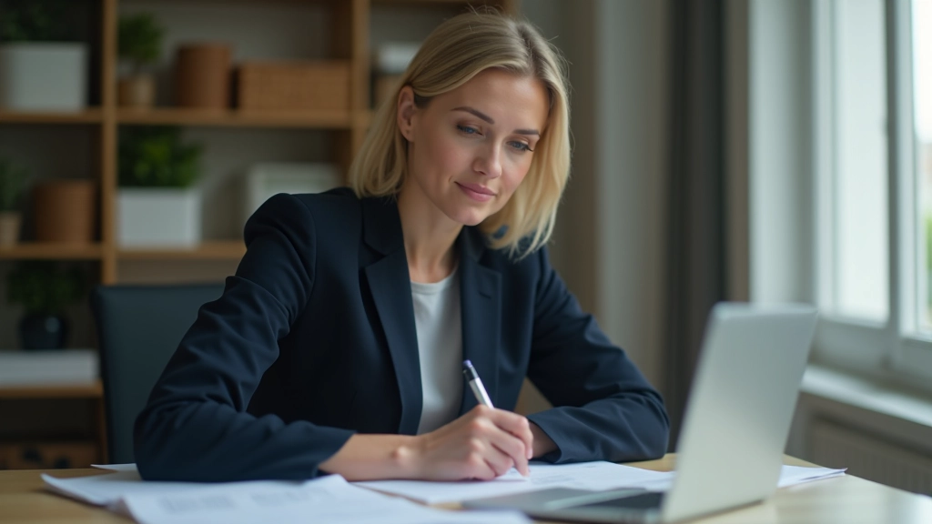 Business professional writing strategy notes at wooden desk with laptop, natural lighting, organized workspace