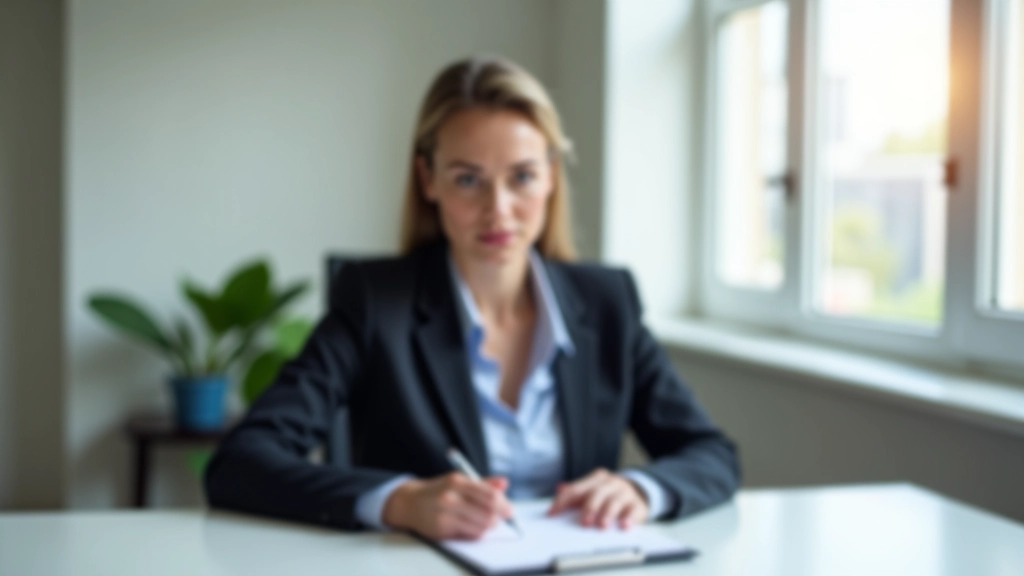 Professional woman at desk with notebook and pen, engaged in thoughtful listening, modern minimalist office with soft natural lighting